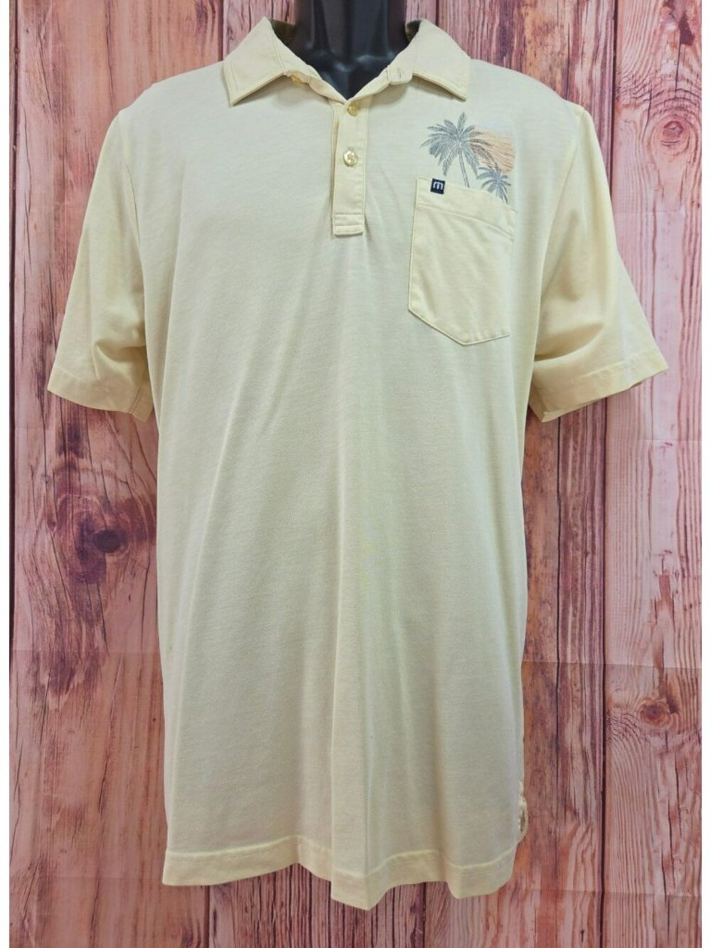 Travis Mathew Mens Beige Polo Shirt Large With Palm Tree Sunset Print